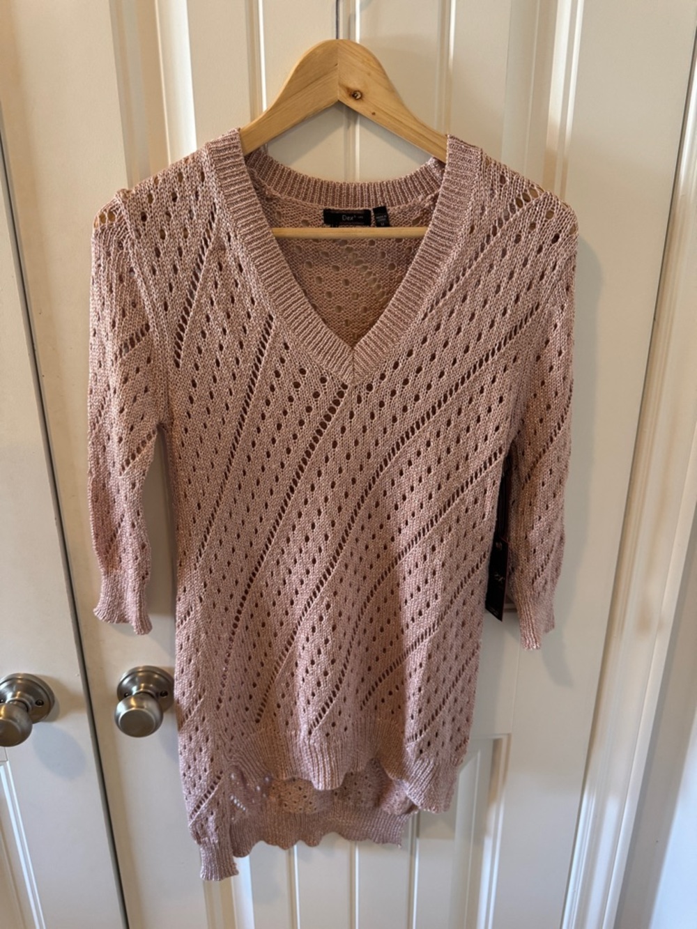 Dex Pointelle Knit V-Neck Sweater in Soft Pink